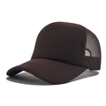 Detail view of the breathable dark brown mesh fabric and stitching on this trucker baseball cap - Dark Coffee