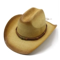 Western style straw cowboy hat with brown leather band and metal star accent on white background - M (56-58cm) / Khaki