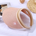 Detailed close-up of pink straw sun visor hat with daisy embroidery and 100% paper tag - 50-52CM / Pink Daisy Hat / Pink