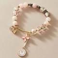 Vintage beaded bracelet with pink cat-eye stones, floral glass beads and clock pendant - Gold Clock Dial Flower Cat Eye Stone Bracelet (14# Bracelet - Gold - Flower)