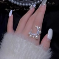 Anello stella e luna in argento con pavé di zirconi e decorazione di perle bianche - Argento