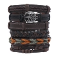 Mehrlagiges geflochtenes Lederarmband Set mit Lebensbaum Anhänger auf weißem Grund - Retro Lebensbaum 6-teiliges Set (RH405)