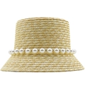 French vintage straw bucket hat with white pearl trim for women summer beach vacation - Pearl Decoration Belt Style (JX-S77622)