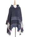 Navy blue hooded knit poncho with colorful speckles, geometric patterns and fringe - Navy Blue