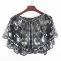 Elegant black mesh shawl with silver paisley sequins on a wooden hanger for women - Black Silver