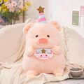 Roze pluche varken met gestreepte verjaardagshoed en Happy Birthday slabbetje - Verjaardag Varken / 20cm