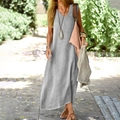 Detail of grey sleeveless V-neck cotton linen dress showing breathable fabric texture - S / Tops / Gray