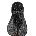 Detail of black paisley durag with long tail showing silky texture and pattern - Black Paisley