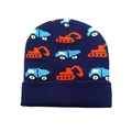 Dunkelblaue Kinder-Strickmütze mit orangefarbenen und blauen Comic-Bagger- und Panzermustern - M(48-52cm) / Marineblau
