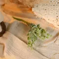 Artificial green plant branch with frost-effect eucalyptus leaves on rustic burlap fabric - Artificial Small Eucalyptus Leaves
