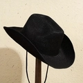 Handwoven black straw cowboy hat with wide brim and adjustable chin strap - M (56-58cm) / Black (NZ0060)