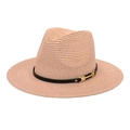 Detail of apricot straw fedora featuring a fine woven texture and black decorative band - M (56-58cm) / Light Pink