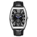 Men's quartz watch with black leather strap, tonneau silver case, and blue hands - Silver Case Black Dial Roman Numerals