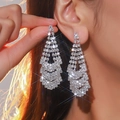 Elegant silver long tassel earrings with sparkling white crystals for women - Silver Multi-Layer Trapezoid Stacked Tassel Earrings DTE1616216S