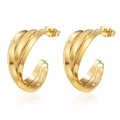 Macro shot of multi-layer intertwined gold PVD plated stainless steel hoop earrings - Criss-Cross Triple-Spliced Line (1 Criss-Cross Triple-Spliced Line) / Gold
