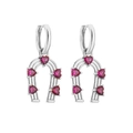 Detail view of horseshoe earrings with heart-shaped pink zircon and silver plating - Silver Red Zirconia Horseshoe