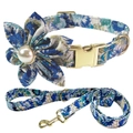 Blue floral dog collar and leash set with pearl flower and gold metal buckle - 3-Piece Set(Flower+Collar+Leash) / Size XS(19-28cm) / Sky Blue Floral