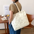 Cream canvas tote bag with cute brown cat illustrations and Meow text print - Kitten Loves Fish