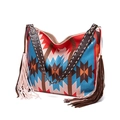 Detail of bohemian tote bag featuring colorful woven patterns and long fringe tassels - Style 8