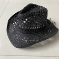 Cappello da cowboy in paglia nera intrecciata a mano con motivo traforato parasole - M (56-58cm) / Nero