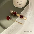 Retro style gold pearl hair clips set with red beads and rhinestones, length 6.0cm - Wine Red Gemstone Combo