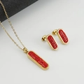 18K gold plated stainless steel jewelry set with red crystal rectangle pendant and studs - Red Zirconia