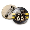 Detailed front and back view of retro Route 66 crystal pin badge with bronze base - Route US 66 Black Yellow Nostalgia