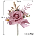 Rosalila künstliche Rosen-Ansteckblume mit goldenen Blättern und Seidenbändern - Ansteckblume / Altrosa