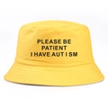 Bright yellow bucket hat featuring PLEASE BE PATIENT I HAVE AUTISM print on cotton fabric - Adult One Size (58cm) / Yellow