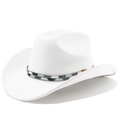 Close-up of white suede cowboy hat with colorful ethnic beaded band and wide brim - Pure White