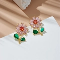 Elegant floral stud earrings featuring pink zircon petals and green leaves in golden alloy - Gold Flower Stud Earrings (Red Center Pink Petals)
