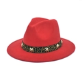 Detail of red wool fedora featuring a leopard print band and gold cross studs - M (56-58cm) / Red