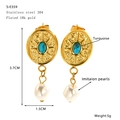 Detail showing vintage gold earrings with turquoise and imitation pearls, size 3.7x1.5cm - Oval Embossed Texture Style (S-E359)