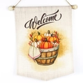 Welcome non-woven autumn garden flag with pumpkin and berry print on beige linen texture - Fall Harvest Bucket