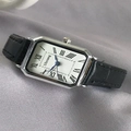 Elegant rectangular women's watch with blue hands, roman numerals and black leather strap - Silver Case Black Strap