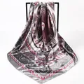 Satin square scarf in grey and wine red with vintage paisley and geometric patterns - Gray