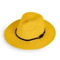 Detail of a ginger yellow straw sun hat featuring a black leather band and silver buckle - M / Yellow