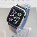 Digital sport watch with white case and colorful striped nylon strap for students - Yellow Pink Blue Patchwork