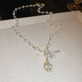Baroque Y-shaped 14K gold plated necklace with freshwater pearls and large pendant - 3# Gold Round Necklace