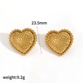 Detail view of 23.5mm gold heart stud earrings with hammered texture and beaded edges - Gold Hammered Beaded Heart Style (TE60426-G)