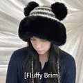 Plush winter earflap hat with black and white stripes and cute faux fur pom-poms - Rendered Four Pom Plush Hat / Black