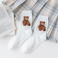 Cute white crew socks featuring a 3D brown plush bear embroidery for a preppy look - White Big Bear