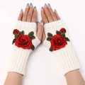 White knitted fingerless gloves featuring red 3D rose flower embroidery for women - One Size / White Background - Red Flower
