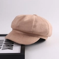 Beige suede baker boy cap for women with retro octagonal design for winter - M (56-58cm) / Khaki