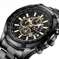 Men's luminous waterproof quartz sport watch with black stainless steel strap and gold dial - Gold Face Black Chain