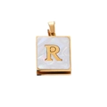 Detail of square gold pendant with white shell inlay and 3D metallic letter R - Gold R