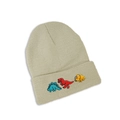 Detail of light green knit beanie featuring three colorful cartoon dinosaur embroideries - Kids (50-53cm) / Beige