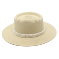 Detail of straw boater hat with delicate white lace trim and embedded pearls - M (56-58cm) / Beige