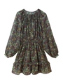 Detail of bohemian paisley print on mini dress with ruffled hem and elastic waist - XS / As Shown