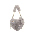 Gray heart-shaped plush handbag featuring rainbow bunny embroidery and gold chain strap - Gray